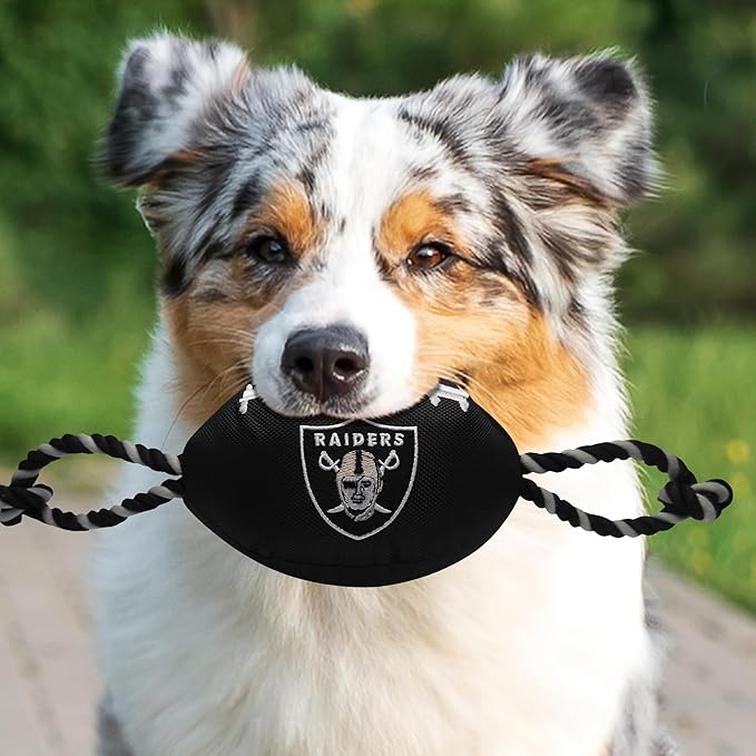 Pets First NFL Raiders Football Dog Toy, Tough Quality Nylon Materials, Strong Pull Ropes, Inner Squeaker, NFL Team Color