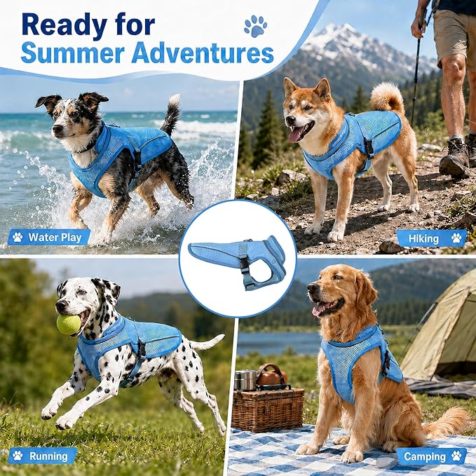 Dog Cooling Vest, Evaporative Cooling Dog Jacket with UV Protection, Lightweight Breathable Mesh Dog Cooling Shirt, Summer Heat Relief Gear with Adjustable Buckles for Hot Weather Walking & Hiking