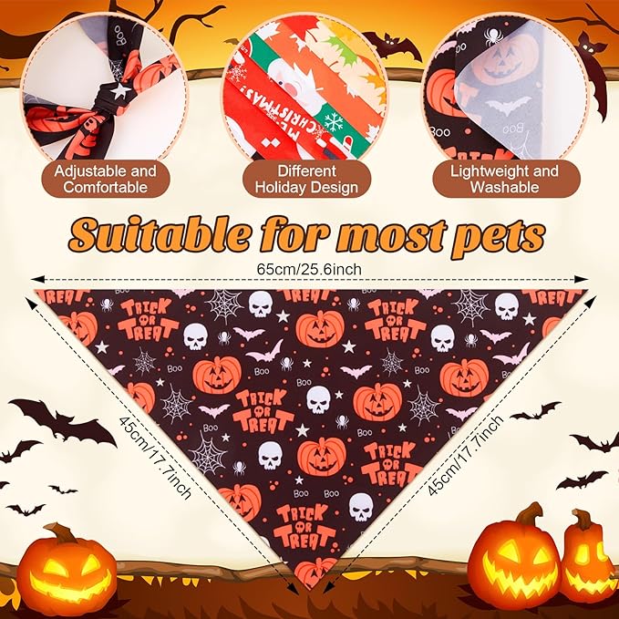 Chunful 120 Pcs Christmas Holiday Dog Bandanas Bulk for with Snowman Santa Claus, Reindeer, Stockings Adjustable Triangle Pet Scarf for Small Medium Large (25.6x17.7x17.7 in)