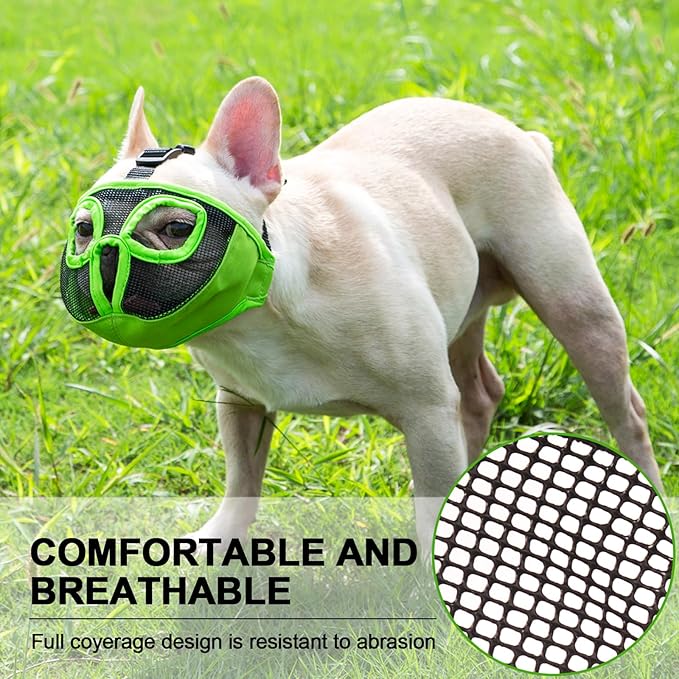 Short Snout Dog Muzzles- Adjustable Breathable Mesh Bulldog Muzzle for Biting Chewing Licking Grooming Dog Mask,Green XL