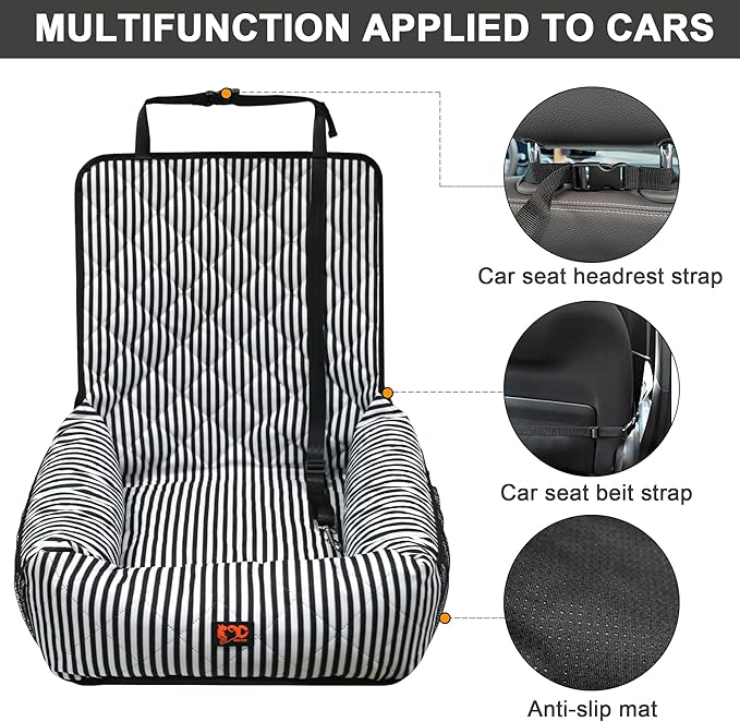 Dog Car Seat for Small and Medium Dogs, Booster Seat Sofa Pet Bed, Portable Car Travel Carrier Bed (Black Stripes-Thick Filling)