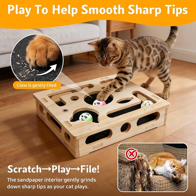 Interactive Wooden Cat Puzzle Toy for Indoor Cats Felt Maze Box with 3 Balls & 2 Cats Teasers, Cats Nail File Enrichment Box Hunting Exercise Toy for Kittens, Stimulating Cat Energy and Instincts