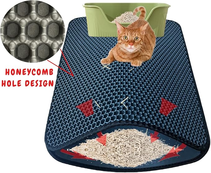 Cat Litter Mat, Honeycomb Double Layer Litter Trapping Mat, 18" x 24" Kitten Litter Box Pad, Waterproof Urine Proof, Washable Easy Clean (Black)