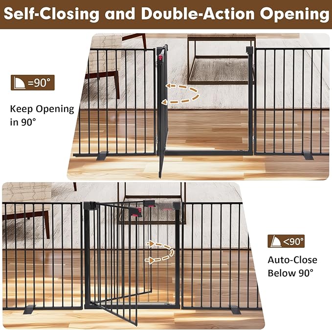 156" Extra Wide Dog Gate, Heavy Duty Metal Freestanding Dog Gate with Door for Indoor & Outdoor, Foldable Pet Fence for Doorways,House,Porch,Deck,Yard,Stairs, Auto Close(6 Panels,Black)