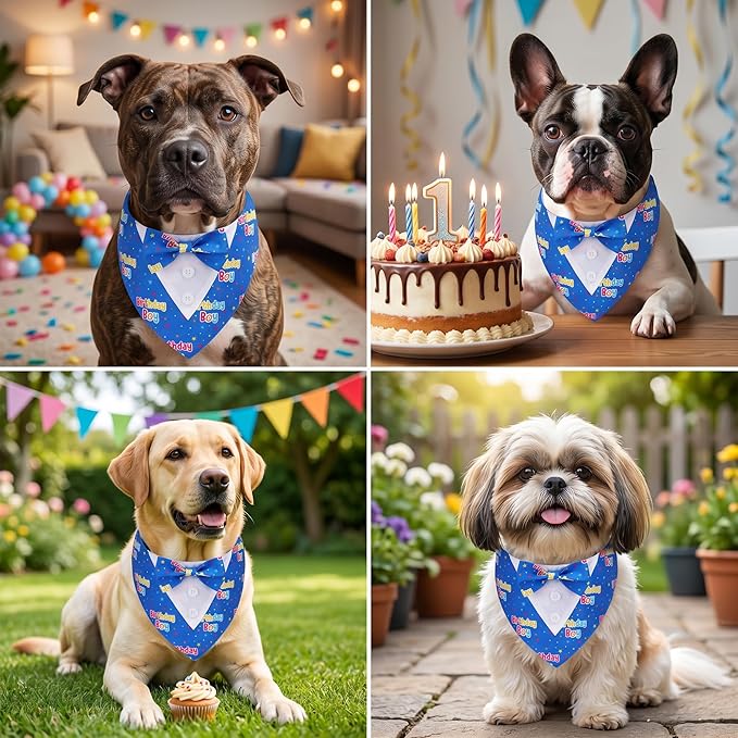 ADOGGYGO Birthday Boy Dog Tuxedo Bandana, Blue Collar with Bow Tie, Adjustable Formal Birthday Costume for Small Dogs (S)