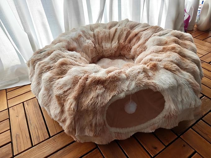 2 in 1 Luxury Plush cat Tunnel with cat Bed for Small Medium Large Cats,Multifunctional Cat Toys.(Brown+White)