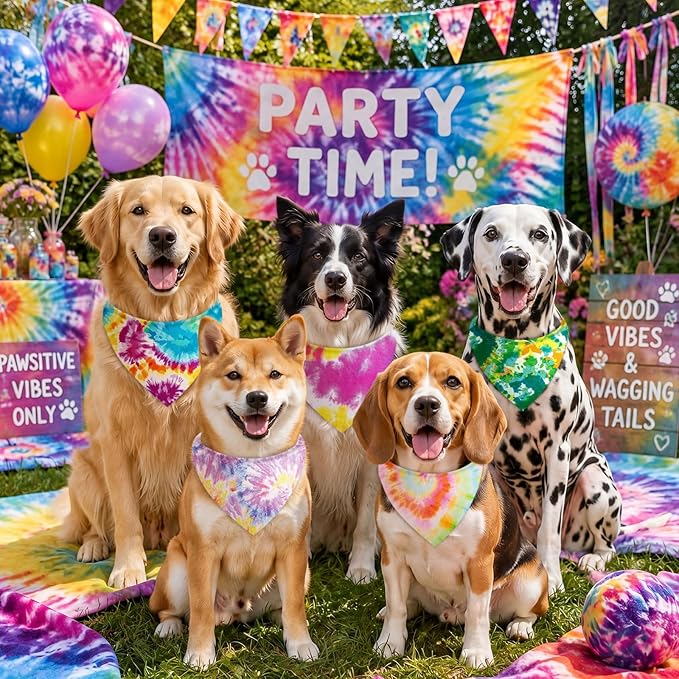 Abbylike 100 Pieces Tie Dye Dog Bandanas Bulk Colorful Hippie Pattern Dog Bandanas for Dogs Triangle Kerchief Scarf Bibs Set for Pets Summer Party Costume Accessories, 25 Styles (25.6 x 17.7 x 17.7)