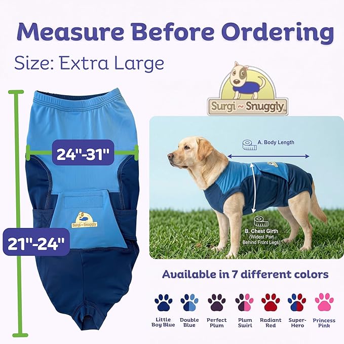 Surgi Snuggly Dog Surgery Recovery Suit - Dog Onesie for Post Surgery Recovery, Female Spay & Male Neuter - Surgical Suit for Dogs, E-Collar Cone Alternative, Double Blue - X-Large - 21" - 24" (EC)