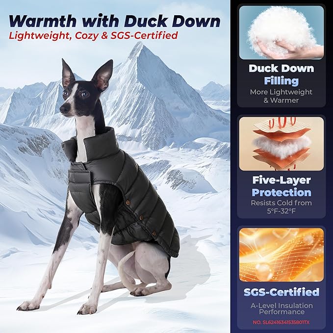 SPACE LION Dog Puffer Jacket, Down Winter Coat, Durable Outdoor Coat for Cold and Windy Conditions, Lightweight & Adjustable Fit Coats for Large Dogs, (Black, Size26/3XL)