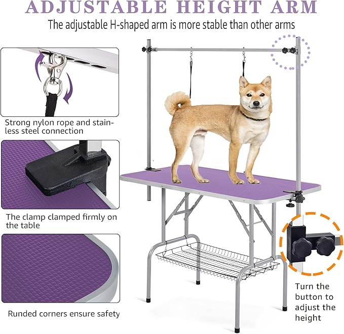 Professional Dog Pet Grooming Table Adjustable Heavy Duty Portable w/Arm & Noose & Mesh Tray (Purple, 42")