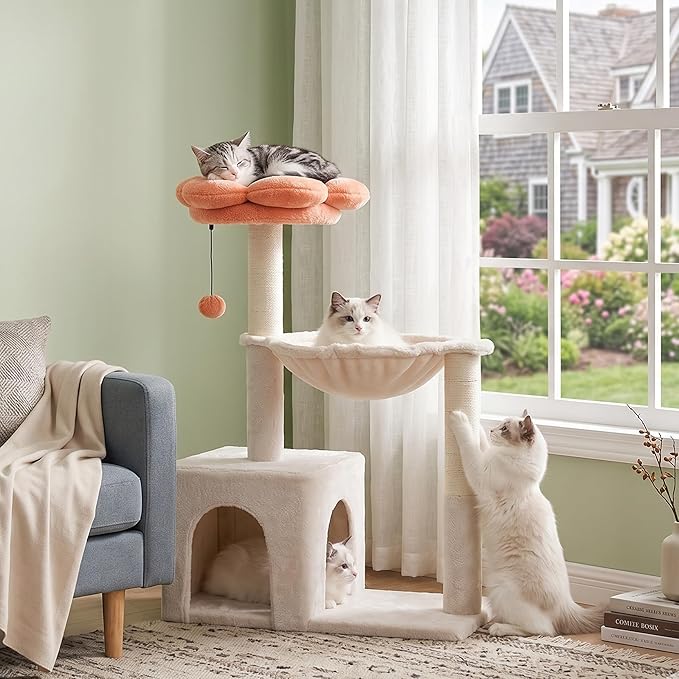 Flower Cat Tree 34" Scratching Post Small Cat Tower for Large Cats,Featuring with 15.7”Large Hammock, Removable Top Bed and Wide Condo for Indoor Cats-Beige