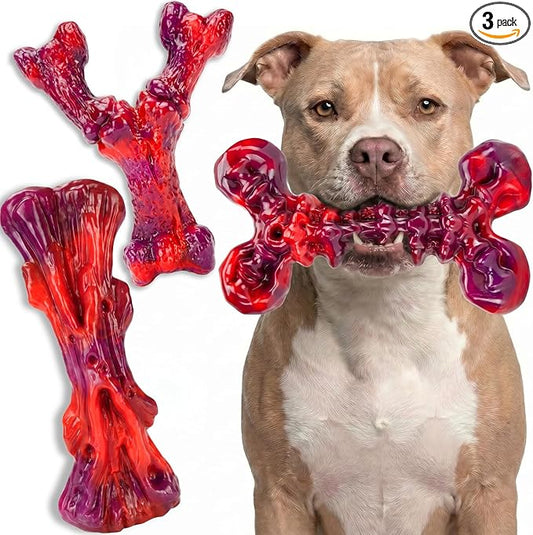 Kseroo Indestructible Dog Toys for Aggressive Chewers: 3-Pack Beef Flavored Hard Nylon Dog Chew Toys for Medium & Large Dogs(25-90lbs), Tough Super Chewer Dog Bones Toys to Keep Them Busy, Red