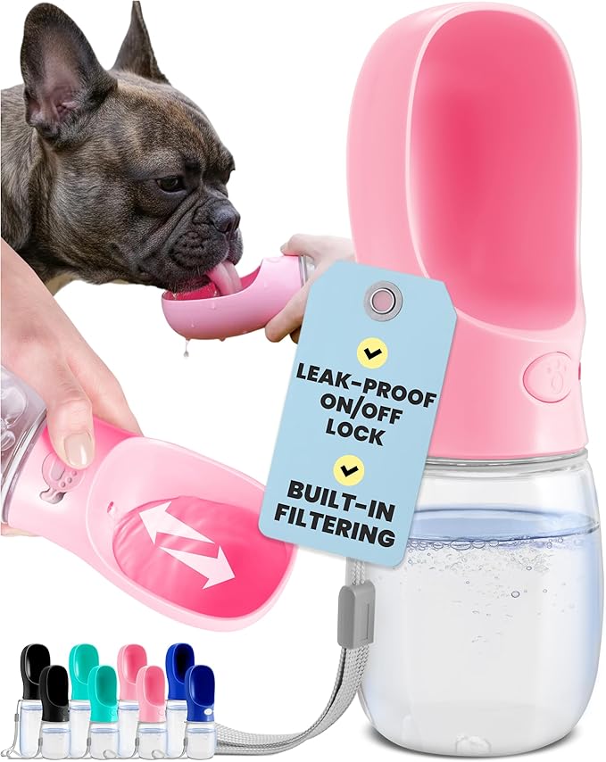 MalsiPree On the Go Dog Water Bottle Dispenser - 12 oz Pink - Leak-Proof Lock & One-Hand Operation - Pet Travel Bottle with Built-in Bowl, for Travel, Trail Hiking, Park Visit, Camping & Beach Days