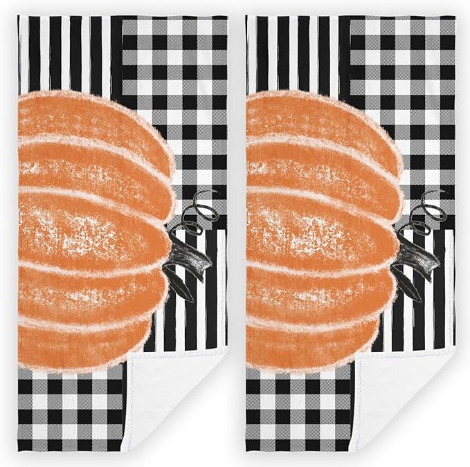 2 PCS Fall Hand Towels Soft Microfiber Orange Pumpkin Black and White Buffalo Plaid Stripes Kitchen Towel for Bathroom Yoga Gym Thanksgiving Day Decorative Towels 13.8"X29.1"