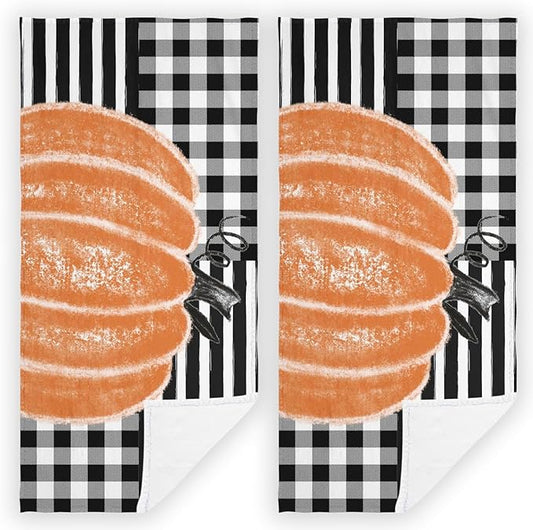 2 PCS Fall Hand Towels Soft Microfiber Orange Pumpkin Black and White Buffalo Plaid Stripes Kitchen Towel for Bathroom Yoga Gym Thanksgiving Day Decorative Towels 13.8"X29.1"