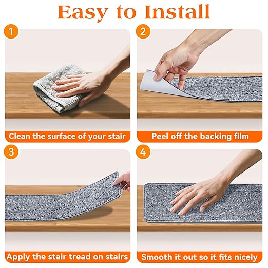 Stair Treads for Wooden Steps 10 PCS - 8’’ x 30’’, Non Slip Stair Runner, Machine Washable Stair Rugs Strips for Kids Pets and Elderly, Indoor Carpet for Stairs (Grey)