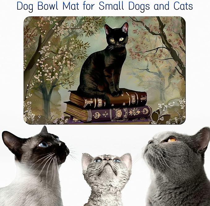 Dog Food Mat, 19.6" x 23.6" Absorbent Pet Feeding Mat for Food and Water, Waterproof Diatom Mud Pet Placemat with Non-Slip Rubber Backing, Easy Clean Cat Bowl Mat for Floors - Book Cat Gray