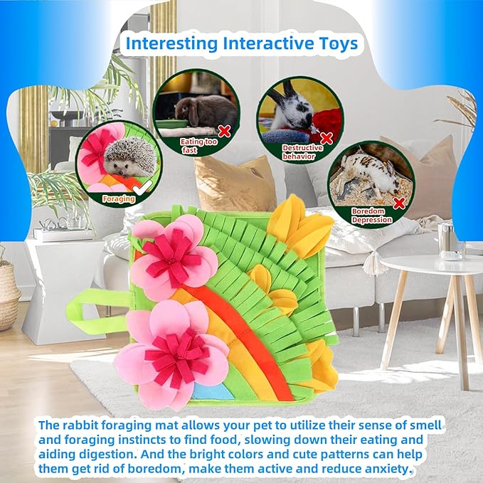 Rabbit Foraging Mat, Rabbit Snuffle Mat Guinea Pigs Hay Feeder Small Pet Puzzle Toy Interactive Feeding Game for Bunny Chinchillas Hamsters Ferrets Small Animals Treat Dispenser Anti Slip Feeding Mat