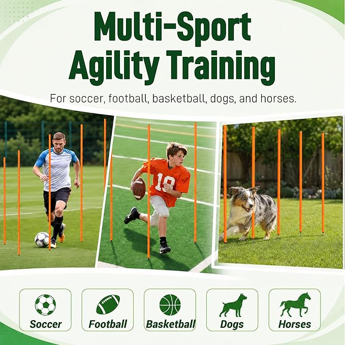 6 Pcs Soccer Agility Poles for Training, 5 FT Adjustable Speed and Agility Training Equipment for Football/Basketball/Horse/Dog Practice, Soccer Sticks with Steel Ground Nails Outdoors