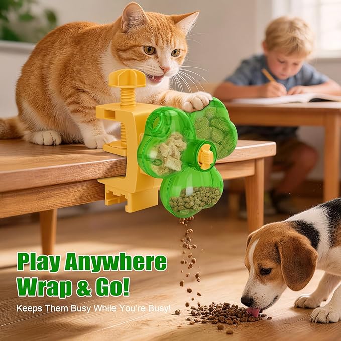 Cat Slow Feeder Puzzle Toy with Clamp Mount, Interactive Clover Treat Dispenser for Small Dogs & Cats, 3 Adjustable Feeding Openings for Dry Food, Enrichment Food Dispenser for Indoor/Outdoor