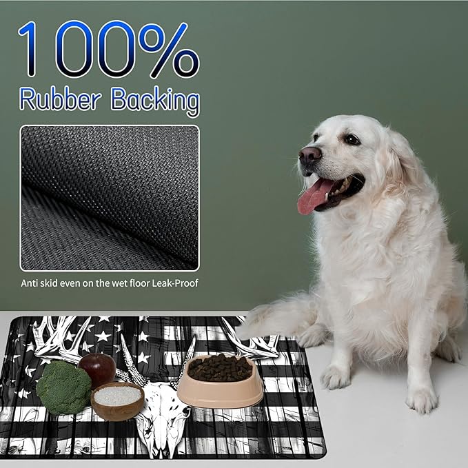 Dog Food Mat, 19.6" x 23.6" Absorbent Pet Feeding Mat for Food and Water, Waterproof Diatom Mud Pet Placemat with Non-Slip Rubber Backing, Cat Bowl Mat for Floors - Grey National Flag Deer