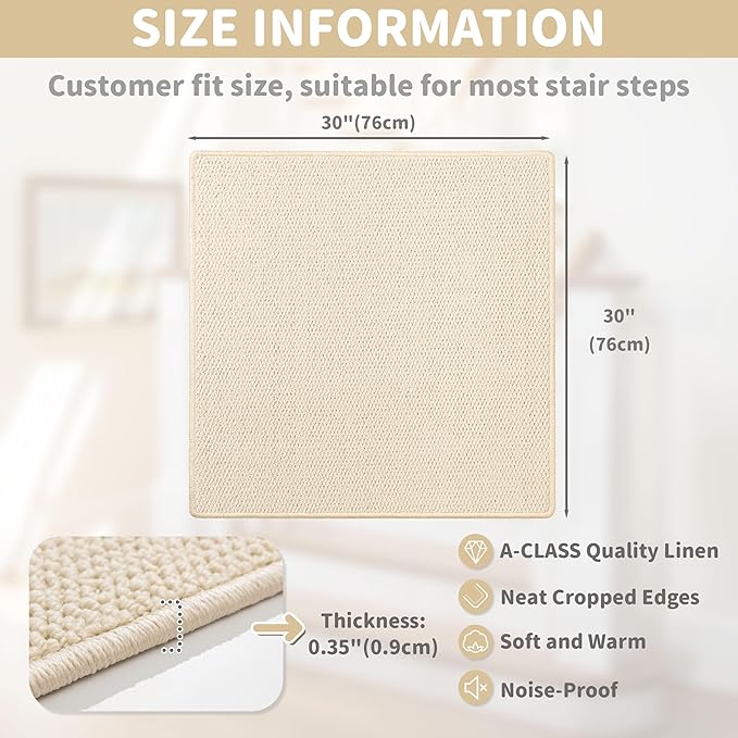 Brakki Bullnose Carpet Stair Treads, Non Slip Landing Mat for Wooden Steps Indoor, Soft Stair Rugs for Pets, Indoor Doormat for Kitchen Bathroom, Washable, 30"x30" 1pc, Cream White