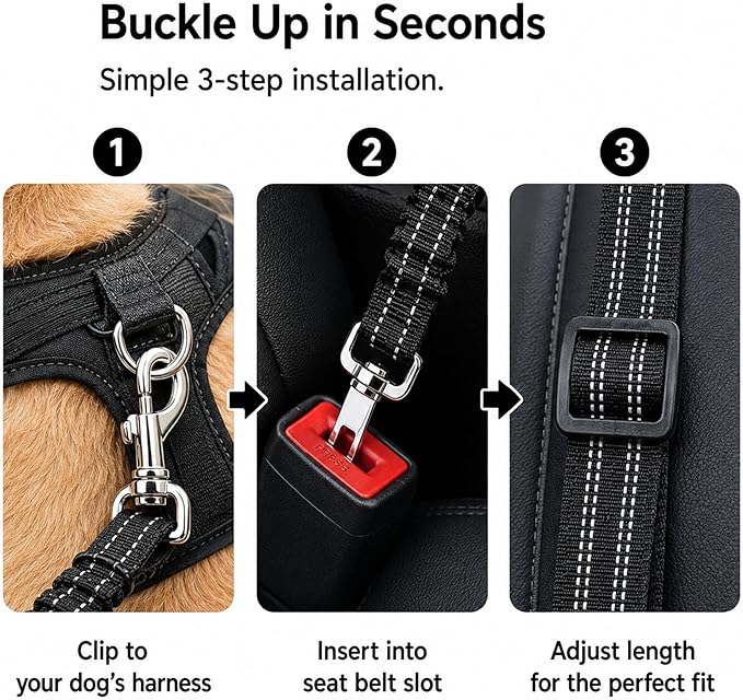 Dog Seat Belt 2Pcs, Retractable Pet Car Harness, Adjustable Dog SeatBelts for Vehicle, Nylon Pet Safety with Elastic Bungee (Black)