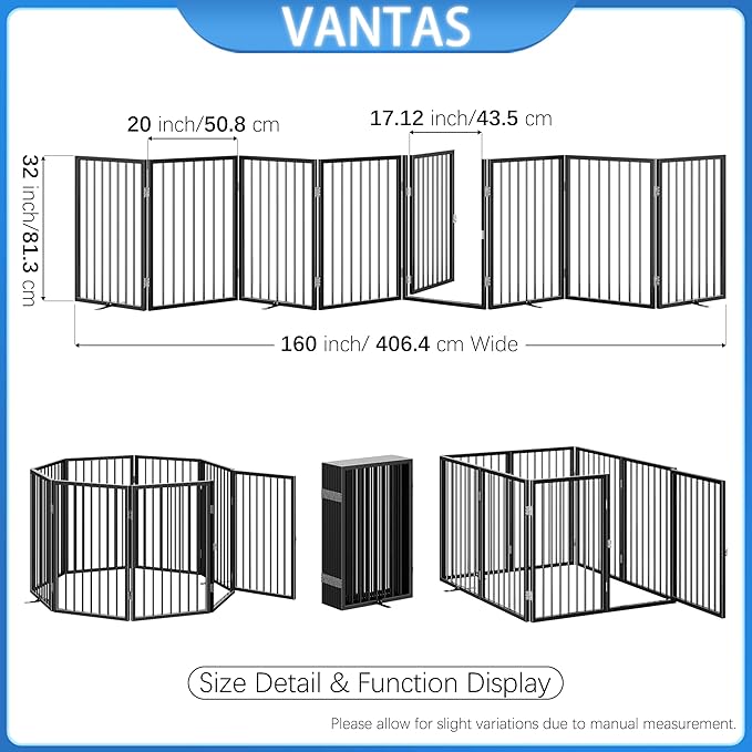Vantas Folding No-Assembly Metal Pet Gate 160" Wide, 32" Extra Tall Dog Gate with Door Walk Through, Freestanding Accordion Puppy Gate Dog Door for Indoor & Outdoor, with 4PCS Support - Black