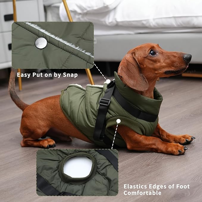 JoyDaog Dog Jacket with Harness,Fleece Lined Warm Puppy Coat for Winter,Soft Windproof Large Dog Vest,Green XXXL