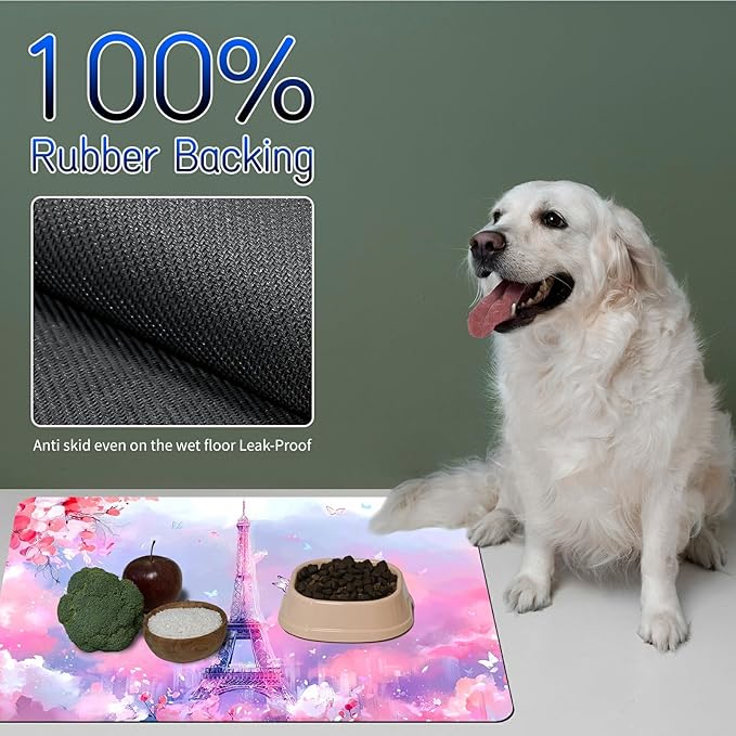 Dog Food Mat, 19.6" x 23.6" Absorbent Pet Feeding Mat for Food and Water, Waterproof Diatom Mud Pet Placemat with Non-Slip Rubber Backing, Easy Clean Cat Bowl Mat for Floors - Moon Pink Cloud