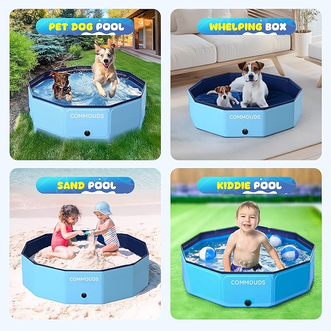 COMMOUDS Foldable Dog Pool for Large Dogs, Hard Plastic Dog Kiddie Swimming Pool, Collapsible Pet Bath Tub Wading Pools for Kids and Puppy Small Medium Dogs(63inch.D x 12inch.H)