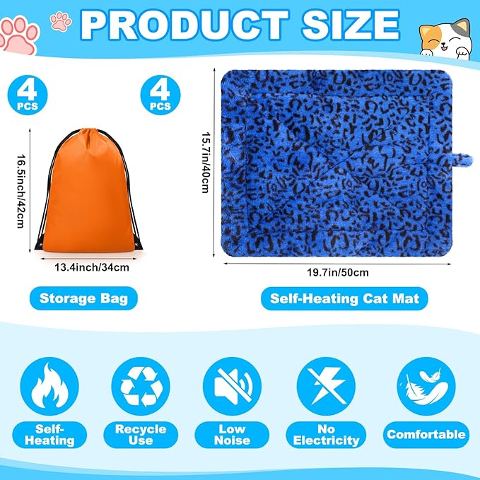 Riakrum 4 Pack Self Warming Cat Bed Mats Leopard Print Cat Dog Thermal Blanket Double Sided Self Heating Pet Pad with Storage Bags for Pet Winter Outdoor Indoor Supplies, Non Electric(Small)