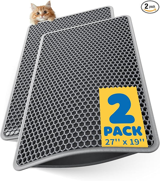 27" x 19" Cat Litter Mats (2-Pack) - Ultra-Large Litter Box Mats with Double Layers, Urine-Proof and Non-Slip Litter Trapping Mats, Easy to Clean Kitty Litter Mats for Floor, Scatter Control, Grey