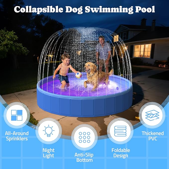 Pawtners 87" Foldable Dog Pool with Sprinkler & RGB LED Light, Collapsible Hard Plastic Swimming Pool for Small Large Dogs Cats and Kids, Portable Pet Bathing Tub Wading Pool for Backyard Camping Blue
