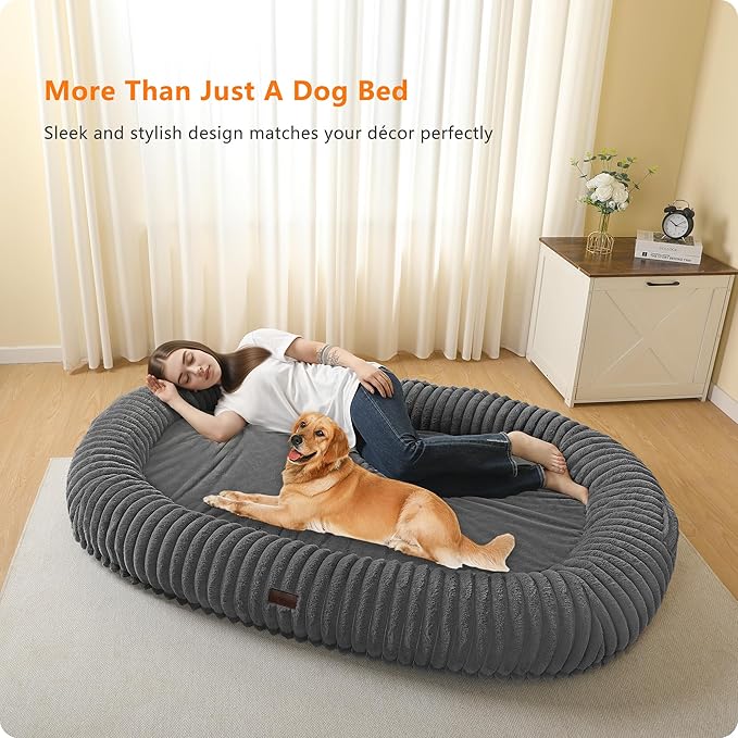 Human Dog Bed for Adult, Reversible Orthopedic Gel Memory Foam Cushion, Washable Corduroy Fleece, Plump Edge with Blanket, Storage Pocket, Strap, 71"x47.2"x9", Extra Large, Medium Grey