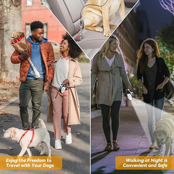 Heavy Duty Retractable Dog Leash for Large Dogs, 26ft Dog Leash with Poop Bag Holder, Up to 110lbs, chew Proof Cable, LED Light, 360° No-Tangle, One-Handed Pause & Locked (White, L 26ft)