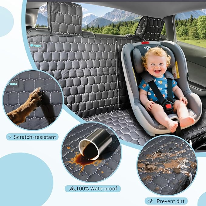 Meginc Dog Seat Covers for Tesla Model Y, Heavy Duty Bench Seat Cover with Headrest for Model Y, Non Slip Waterproof Back Seat Cover for Cars Armrest Compatible Car Seat Protector for Kids and Dogs