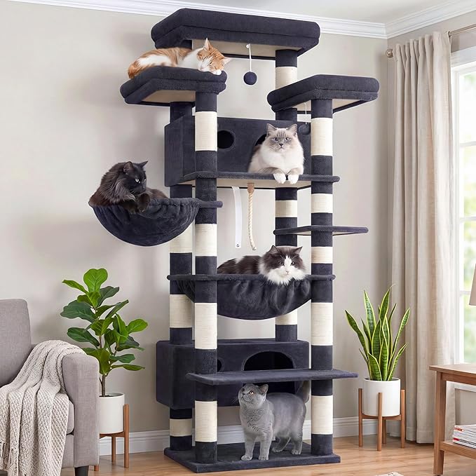 Gitelsnour Cat Tree for Indoor Cats Large Adult, 74" Cat Tower with 3 Big Platforms, 2 Baskets, 2 Condos, Multi-Level Cat Scratching Posts, Smoky Gray GCT030G