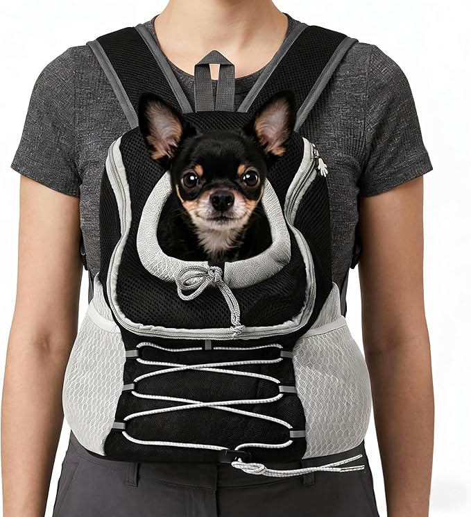 Breathable Dog Carrier Backpack for Small Dogs 2-15 lbs, Front & Back Carry Puppy Backpack with Head-Out Design for Hiking Walking, Black Grey (S)