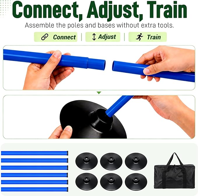 6 Pack Soccer Agility Training Poles, 5 FT Adjustable Speed and Agility Training Equipment for Football/Basketball/Dog Practice, Bending Poles for Horses with Rubber Bases and Carry Bag