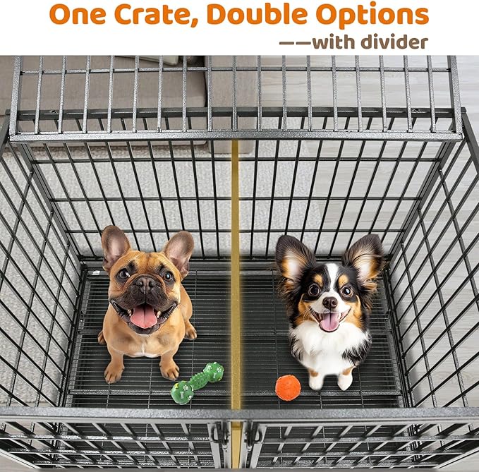 Homey Pet 43 Inch 2 Tiers Dog Crate Cage Kennel with Divider, Stackable Heavy Duty Dog Crate for Large Dogs, Escape Proof Indestructible Dog Kennel Indoor with Removable Tray, Lockable Wheels(2 Packs)