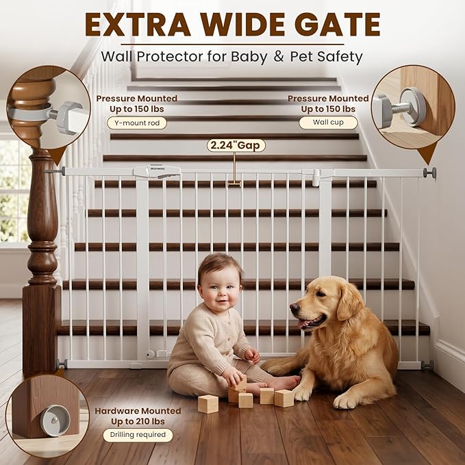 Mumeasy 36-63" Extra Wide Baby Gate for Stairs, 28.74" Walk Through Large Dog Gate for Doorways & Hallways, Auto Close Pet Gate Indoor, Pressure Mounted Child Wide Long Safety Gate for House, White