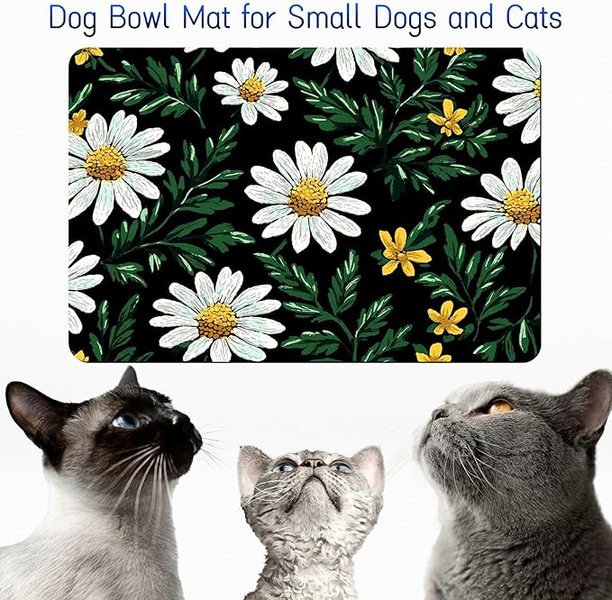 Dog Food Mat, 15.7" x 23.6" Absorbent Pet Feeding Mat for Food and Water, Waterproof Diatom Mud Pet Placemat with Non-Slip Rubber Backing, Cat Bowl Mat for Floors - White Daisy Green