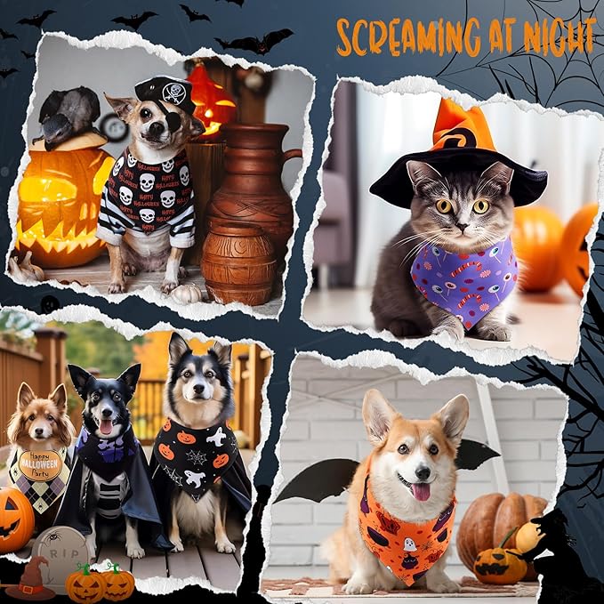 Huhumy 100 Pcs Halloween Dog Bandanas Bulk 3 Sizes Dog Washable Bandana Adjustable Washable Pumpkin Scarf for Halloween Holiday Small Medium Large Pet Supplies