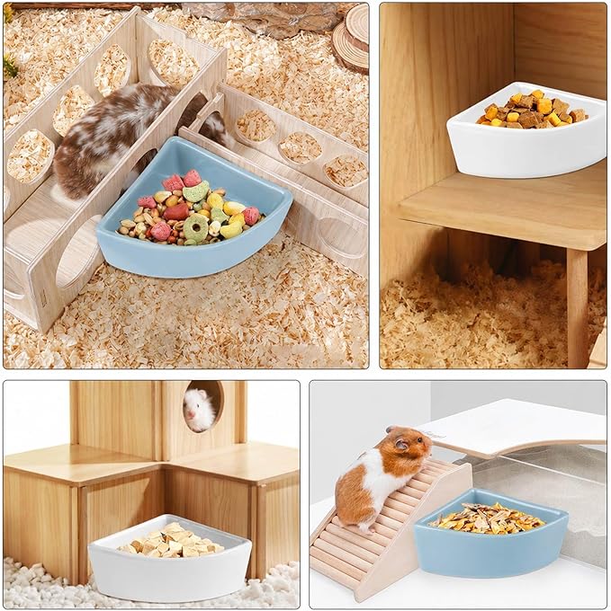 2 Pack Ceramic Feeding Bowls for Small Pets, Anti-Tip, Anti-Slip, Space-Saving Fan-Shaped Design, Ideal for Hamster, Guinea Pig, Gerbil, Sugar Glider, Mice, Chinchilla, Hedgehog (White + Blue)