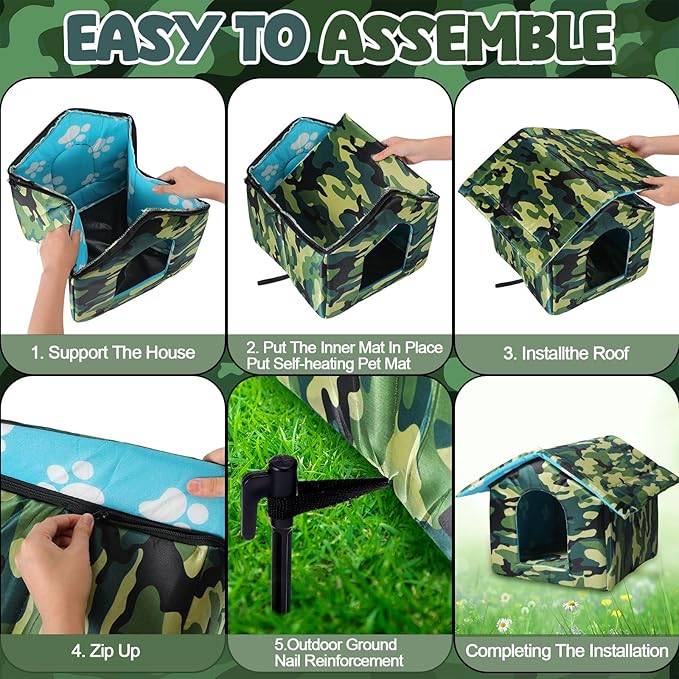 Outdoor Cat House Weatherproof Insulated Feral Cat Shelter Self Heating Pet House with Self Warming Pad Blanket Stake Winter Camouflage Collapsible Pet Shelter 14" x 13" x 12" (S Size)