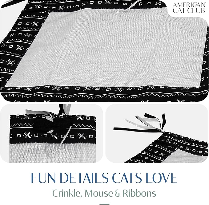 American Cat Club Reversible Crinkle Cat Mat with Mouse Toy – Black Mudcloth Pattern, Interactive Crinkle Play Mat for Cats, 18” x 13”