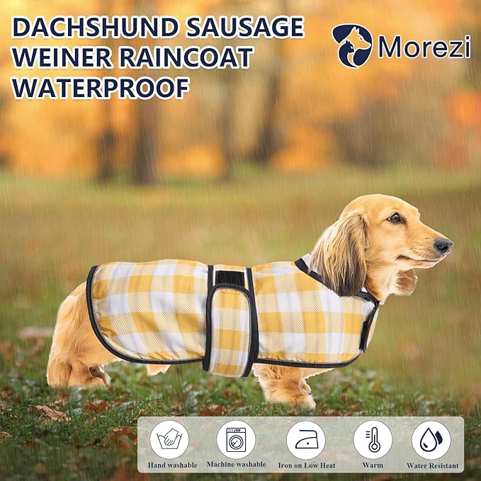 Dachshund Raincoat Corgi Raincoat Dogs Waterproof fit for Dachshunds Weiner Long Back Breeds with Reflective Stripe Great Coverage in Autumn Winter - Yellow Plaid - XS