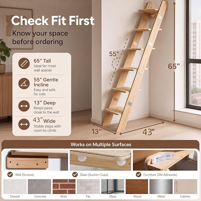 65" Tall 6-Level Cat Ladder for Window & wall | Fits Cats up to 20 lbs |Senior & Less Agile cat Stairs for Window with 55° Gentle Incline | Requires 43" Floor Clearance | No-Drill Glass Installation