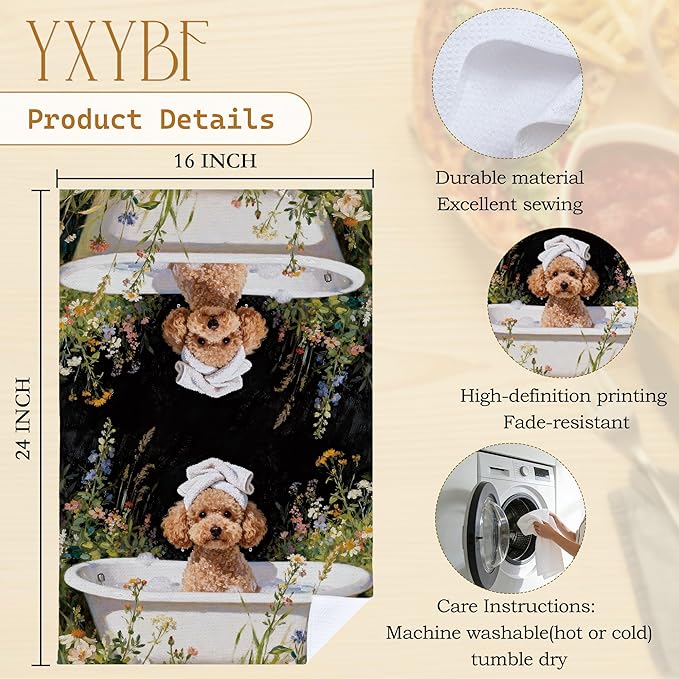 Funny Poodle Hand Towels for Bathroom Washroom Spa Decor 16x24 Inches, Poodle Gifts for Women Dog Lovers, Floral Dog Bathroom Hand Tea Towels Decorative